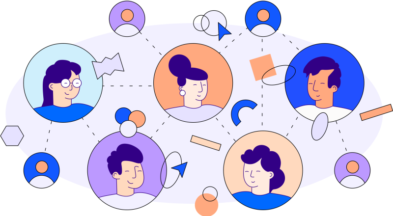 Illustration in blues, purples and oranges of five faces of men and women surrounded by different shapes