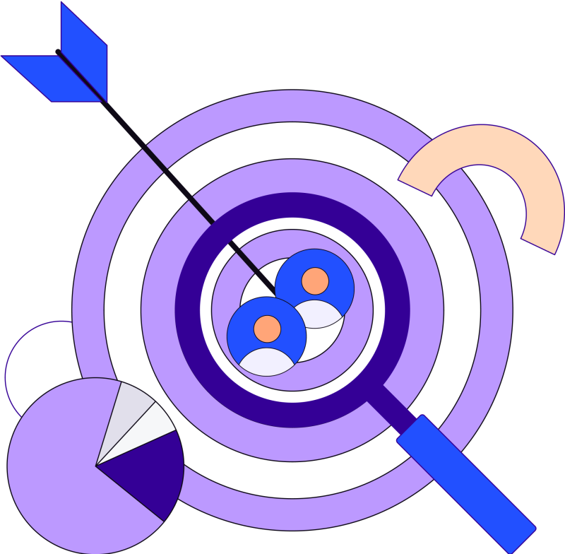 Illustration in blues, purples and oranges of dartboard with arrow and images of people in the middle surrounded by pie chart and various shapes