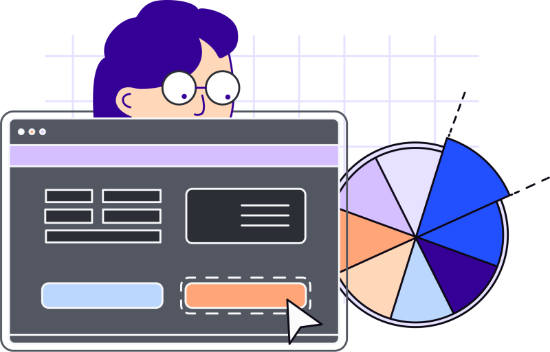 Illustration in blues, purples and oranges of woman's face, tablet screen and pie chart