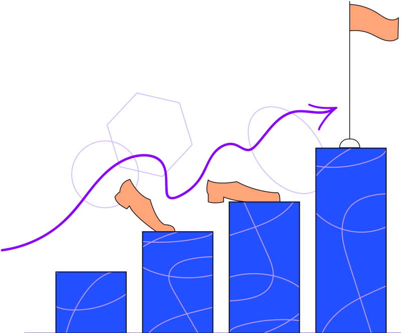 Illustration in blues, purples and oranges of bar graph with shoes on the second and third bar and a flag on the fourth bar including an arrow pointing towards the flag