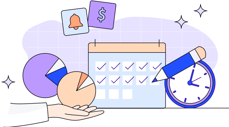 Illustration in blues, purples and oranges of hand holding pie charts, including images of calendar with check marks, clock, pencil, bell and dollar sign