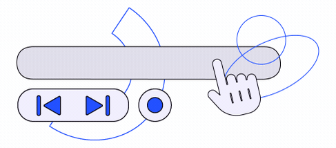Animated gif showing an illustration of a hand clicking on a button. Below the button are a fast forward, rewind, and record button.