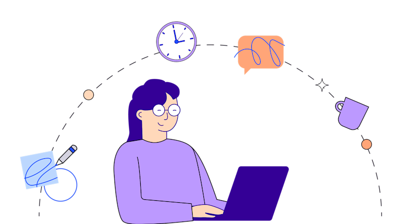 Illustration in blues, purples and oranges of a woman using a laptop surrounded by a pencil, clock, and mug