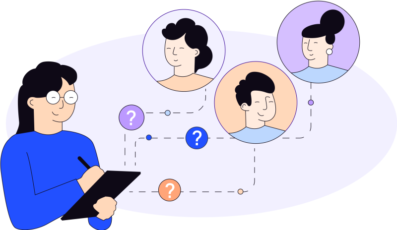 Illustration in blues, purples and oranges of woman holding a clipboard and three question marks pointing towards three different faces (two women and one man) 