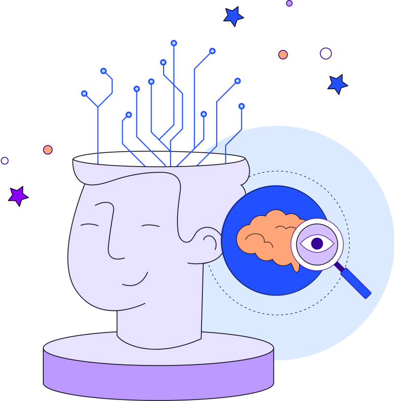 Illustration in blues, purples and oranges of a head, brain and magnifying glass