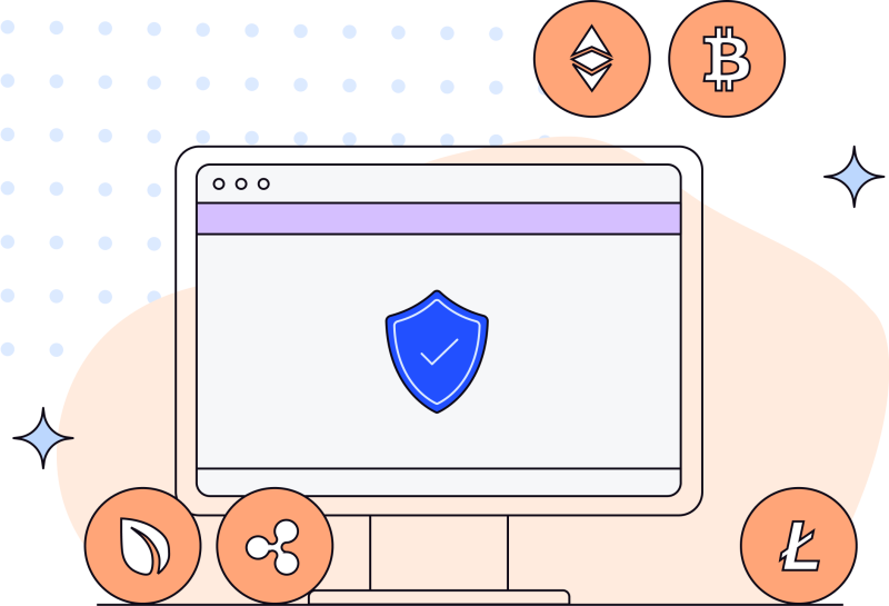 Illustration in blues, purples and oranges of monitor screen and various icons