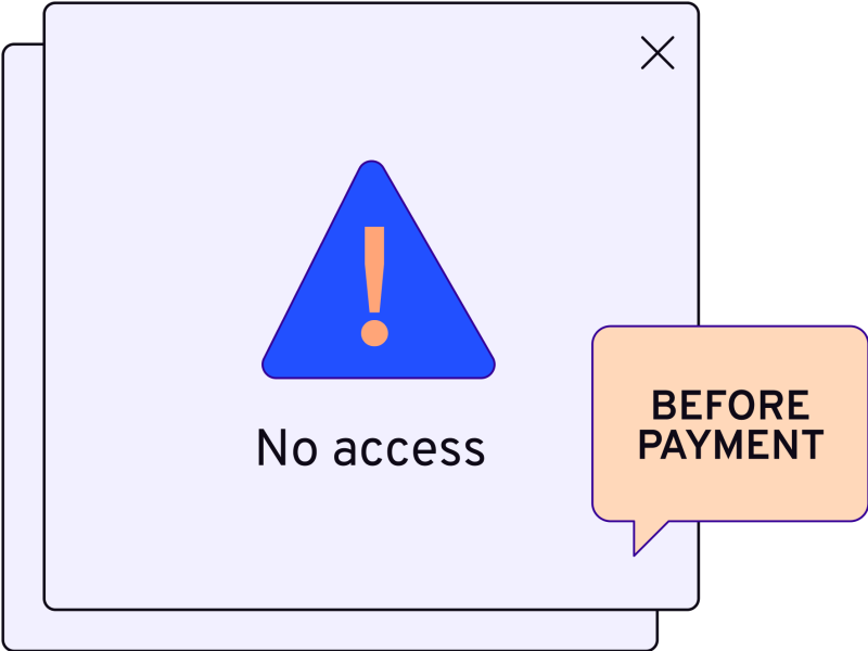 Illustration in blues, purples and oranges of no access sign inside a square and before payment text inside a conversation box