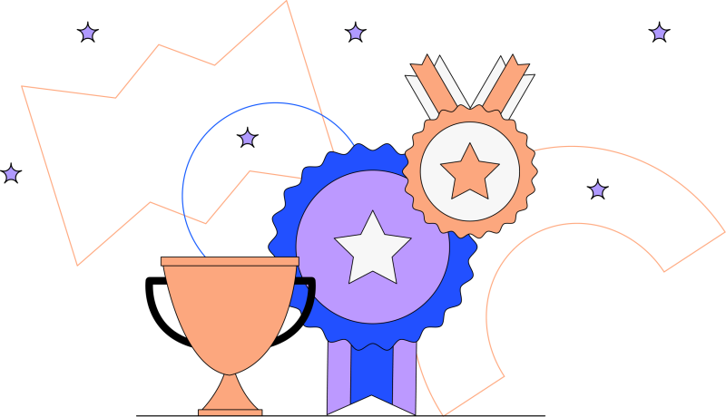 Illustration in blues, purples and oranges of medal, recognition ribbon and trophy surrounded by purple stars and various shapes