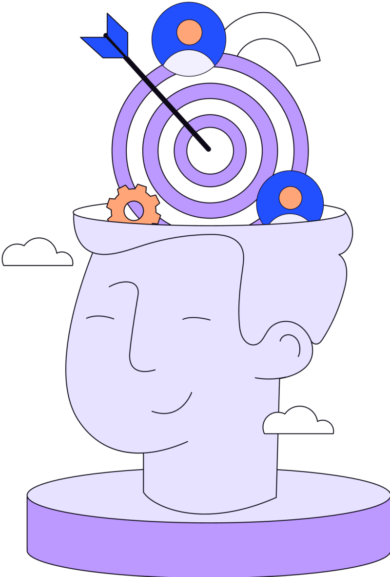 Illustration in blues, purples and oranges of man’s head with images on top such as  gear icon, dartboard including man’s head and body inside a circle