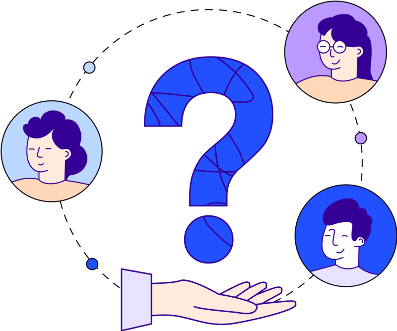 Illustration of an open hand with a question mark above. Three different people's heads are seen around the question mark.