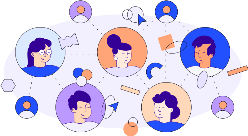 Illustration in blues, purples and oranges of people’s faces surrounded by various shapes