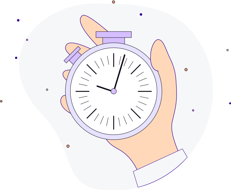 Illustration in purples, browns and whites of a hand holding a timer