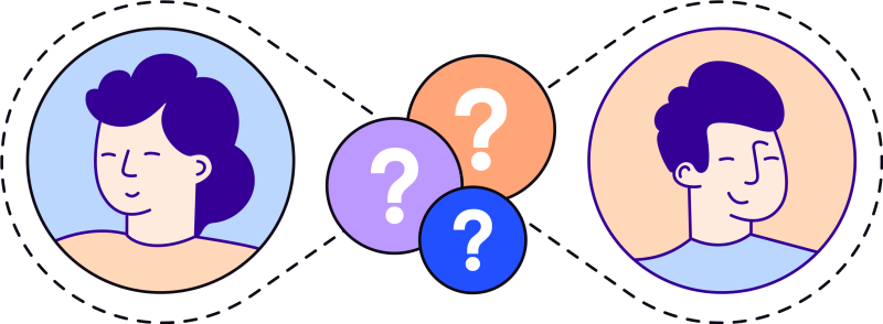 Illustration of a two people with a figure-8 line connecting them. In the center are three question marks as they ask whether a product is relevant to them.