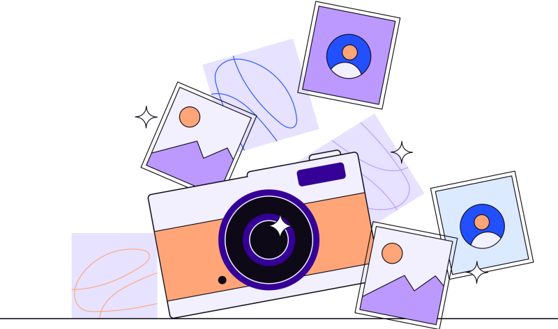 Illustration of a camera surrounded by small images with sparkles.