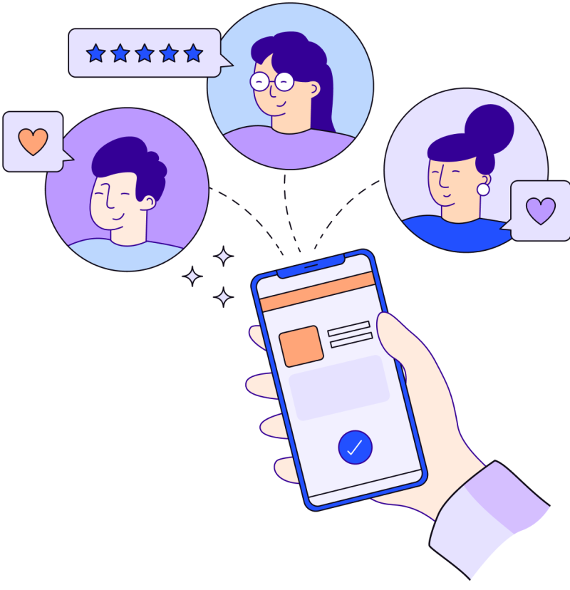 Illustration of a hand holding a smartphone. In the space above the phone are three circles representing people with positive interactions, symbolized by stars and hearts.