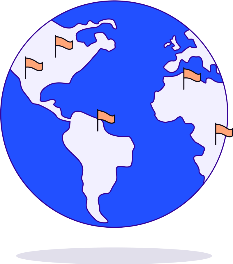 Illustration in blues and oranges of a globe with flags on continents
