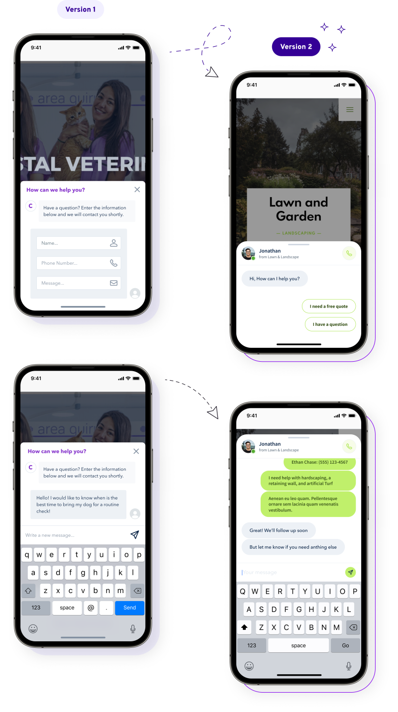 Illustration of four iPhones showing different versions of the messenger tool