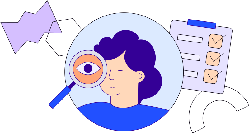 Illustration in blues, purples and oranges of a woman using a magnifying glass surrounded by clipboard and various shapes such as hexagon and arc