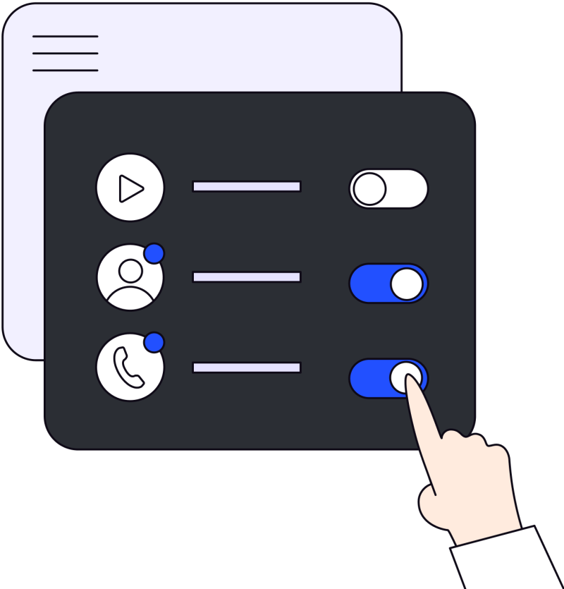 Illustration in blues and grays of play, contact and call icons with toggle buttons