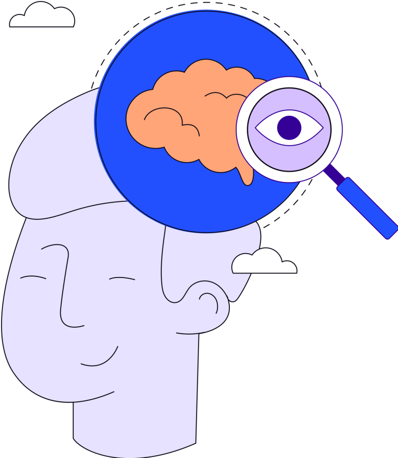 Illustration in blues, purples and oranges of a man’s head, a magnifying glass with eye in the middle, and brain surrounded by clouds