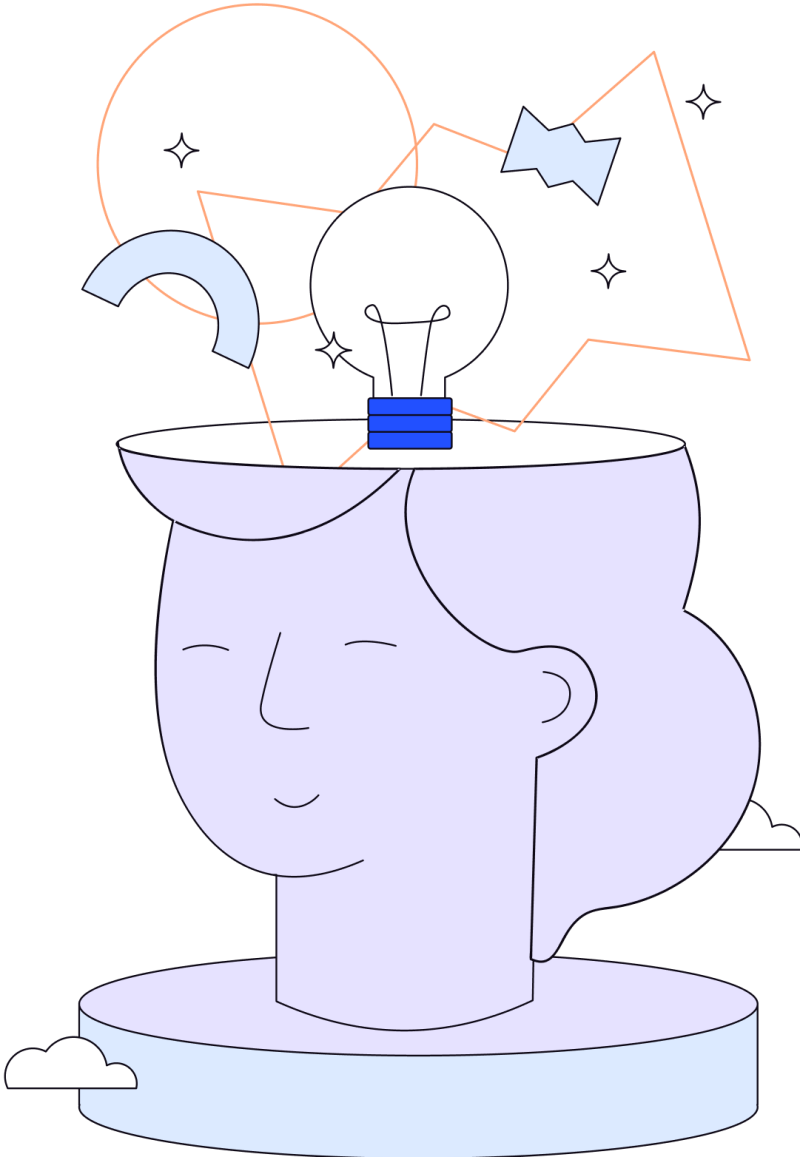 Illustration in blues, purples and oranges of woman’s head with images on top such as lightbulb and various shapes