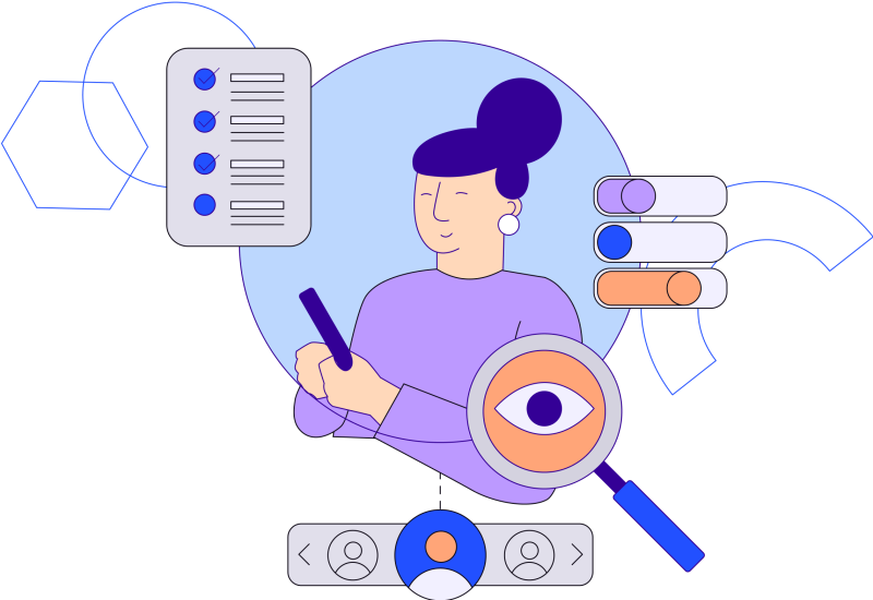 Illustration in blues, purples and oranges of woman holding a rectangular block or stick surrounded by a magnifying glass with eye in the middle, chart, and various shapes