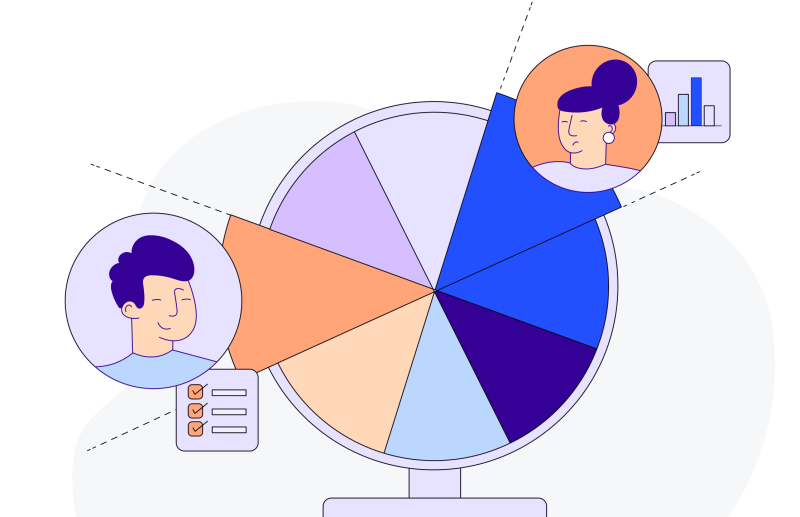 Illustration in blues, purples and oranges of a circle in the middle which is divided into eight portions and surrounded by a man and woman’s face including images of bar graph and checklist
