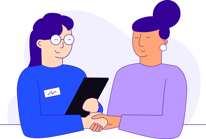 Illustration in blues, purples and oranges of two women shaking hands with the first woman holding a clipboard