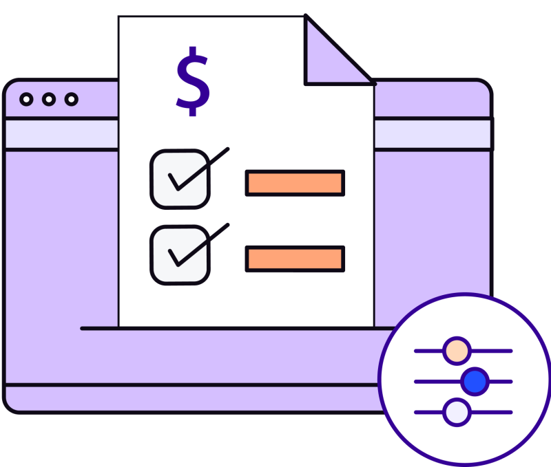 Illustration of a web page with a receipt and dials to adjust