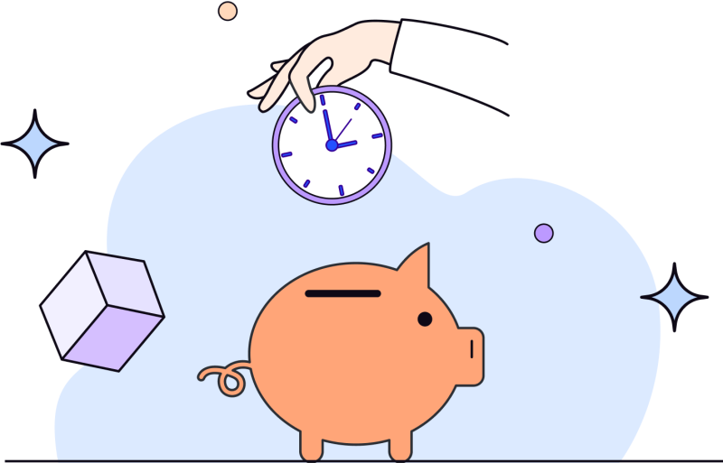 Illustration in blues, purples and oranges of a piggy bank, hand, cube and clock