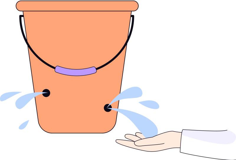 Illustration of an orange bucket with a few holes with water splashing out. A hand is positioned underneath, catching some of the water.