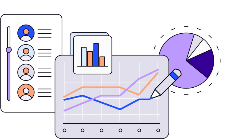 Illustration in blues, purples and oranges of a line graph, bar graph and a pie chart