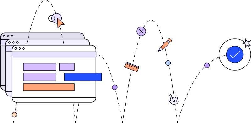 Illustration of three stacked browser windows with a bouncing ball ending in a check mark