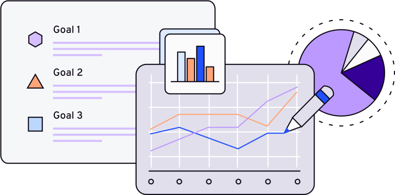 Illustration in blues, purples and oranges of pie chart, line graph and goals written on a board