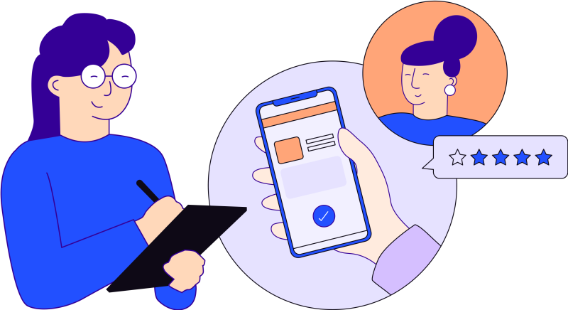 Illustration of an interviewer with a clipboard. She is taking notes listening to another person who appears to be giving feedback on how a smartphone screen works.