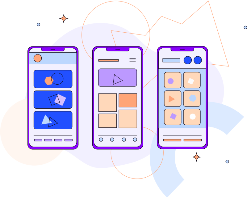 Illustration in blues, purples and oranges of three mobile phones with various shapes inside
