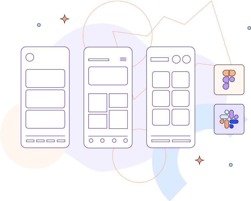 Illustration of three mobile screens and logo of Slack and Figma