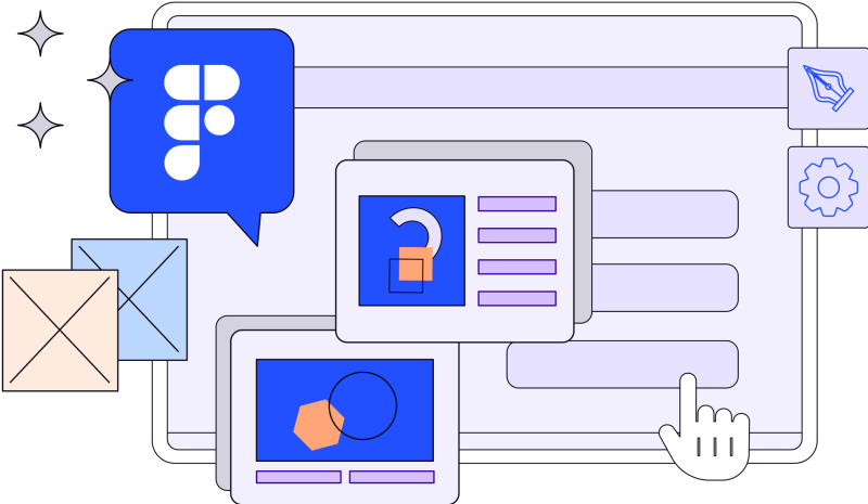 Illustration in blues, purples and oranges of gear icon, tip of a pen, figma logo, boxes with x mark in the middle and various shapes including hand icon