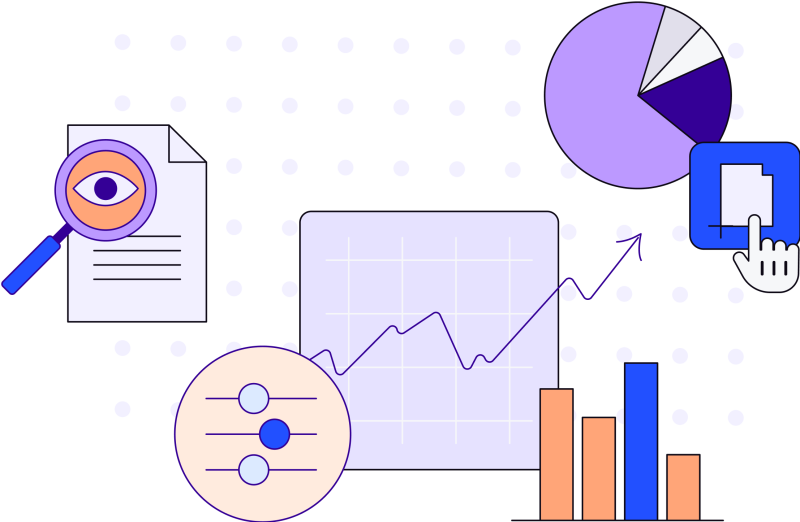 Illustration in blues, purples and oranges of magnifying glass with eye in the middle, pie chart, hand icon, paper, arrow pointing upward, circles and bar graph