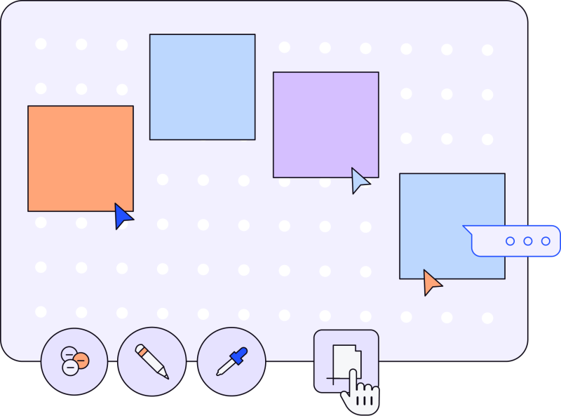 Illustration of a speech bubble with multiple cursors selecting and adding different squares. This shows the ease of collaborating in a single document on Figma using their feature FigJam.