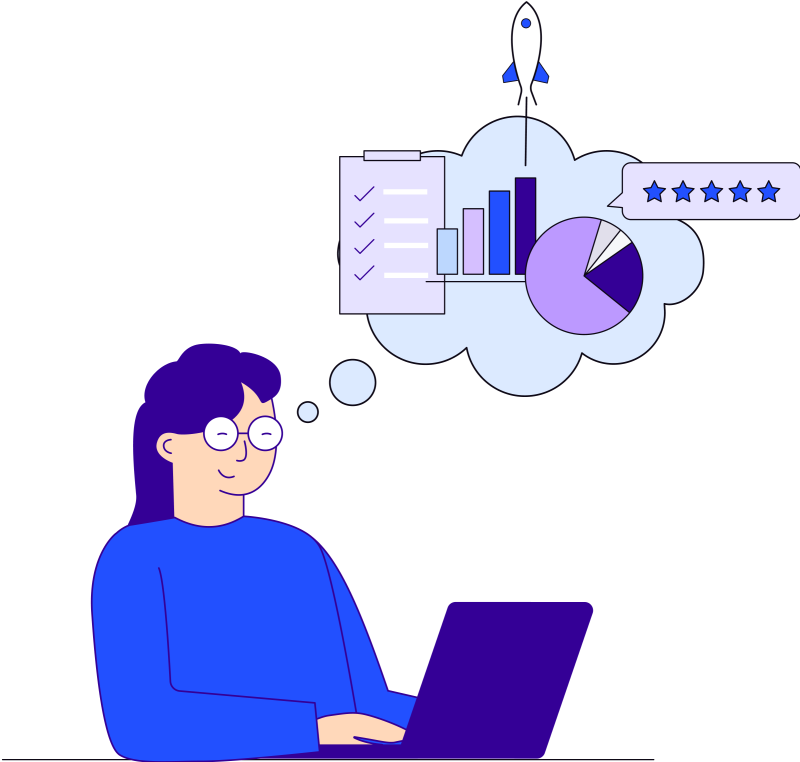 Illustration in blues, purples and oranges of woman using a laptop and a conversation box with images of clipboard, bar graph, pie chart, spaceship and stars