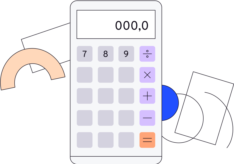 Illustration in blues, purples and oranges of calculator surrounded by arc, rectangle and circles