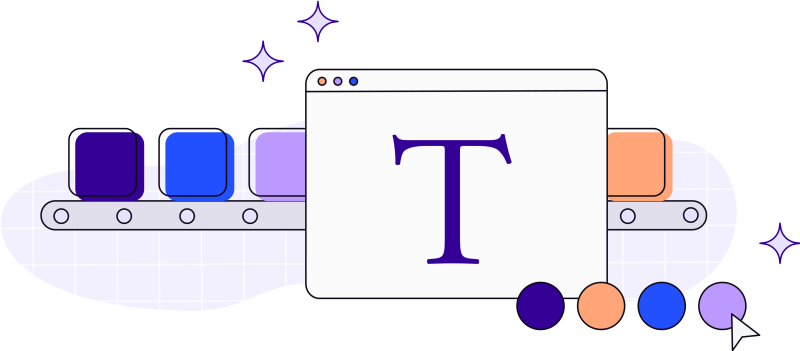 Illustration in blues, purples and oranges of conveyor with squares on top and the letter T