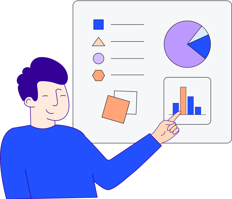 Illustration in blues, purples and oranges of man pointing on a board with images of bar graph, pie chart and various shapes such as squares, rectangle, circle and hexagon