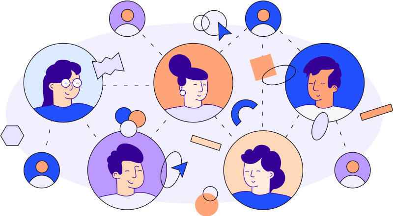 Illustration in blues, purples and oranges of faces of two men and three women surrounded by face icons and various shapes