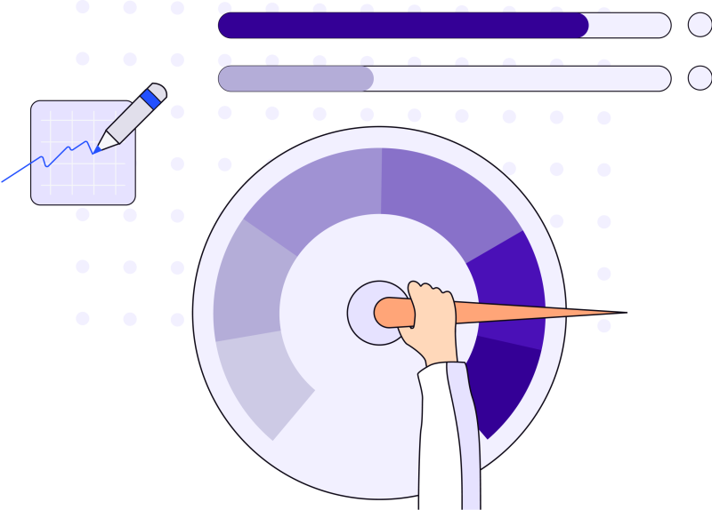Illustration in blues, purples and oranges of a hand holding the pointer of a gauge and pencil in front of a square surrounded by dots