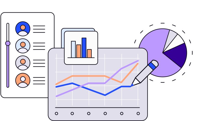 Illustration in blues, purples and oranges of pie chart, bar graph and line graph