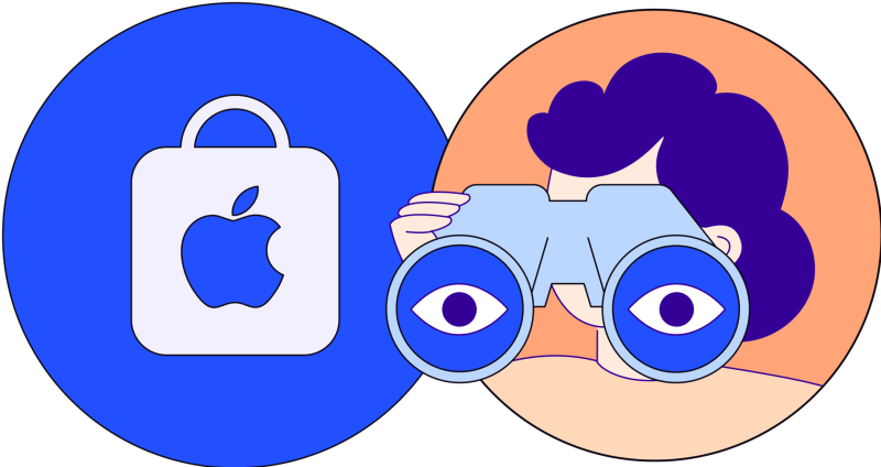 woman with binoculars beside an Apple app icon