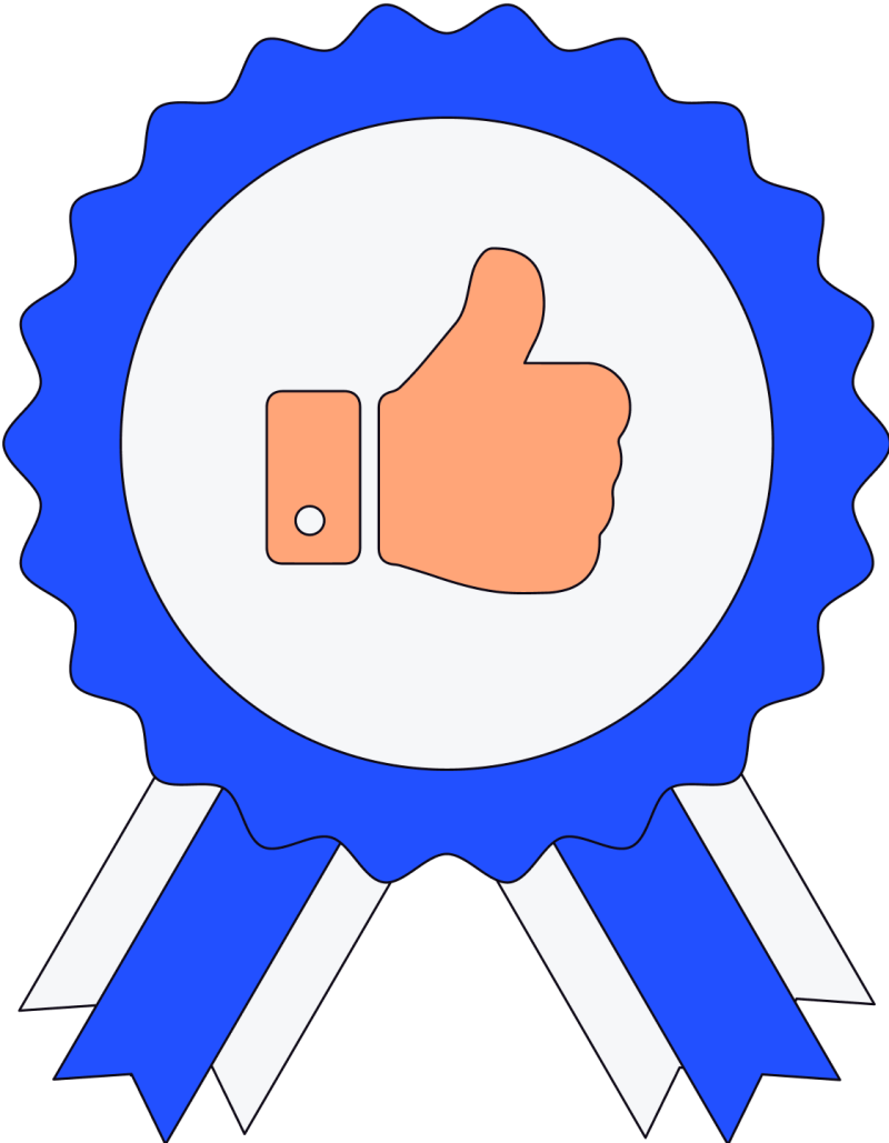 Illustration in blues, whites and oranges of a ribbon with thumbs up sign inside the ribbon head