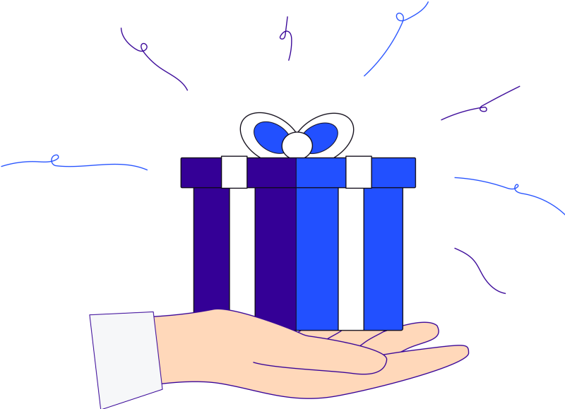 Illustration in blues, violets, brown and whites of a hand holding a gift with ribbon